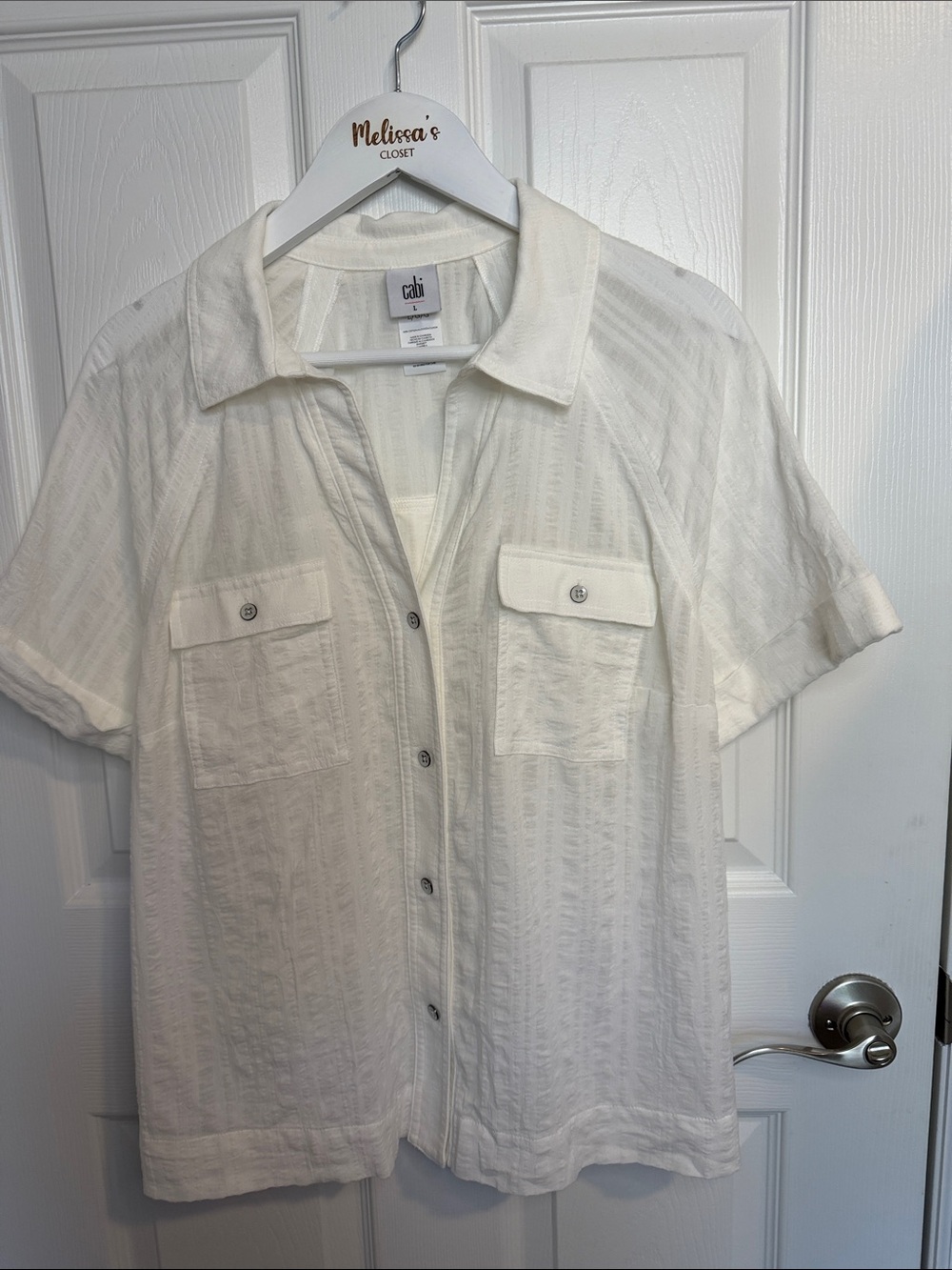 CABI White Leisure camp shirt/Top Semi Sheer Short Sleeve Button Down L